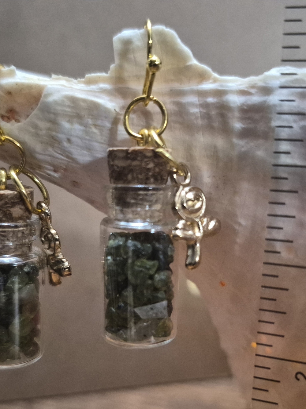 Gold-Tone Mini Glass Bottle Earrings with Peridot Stone Chips